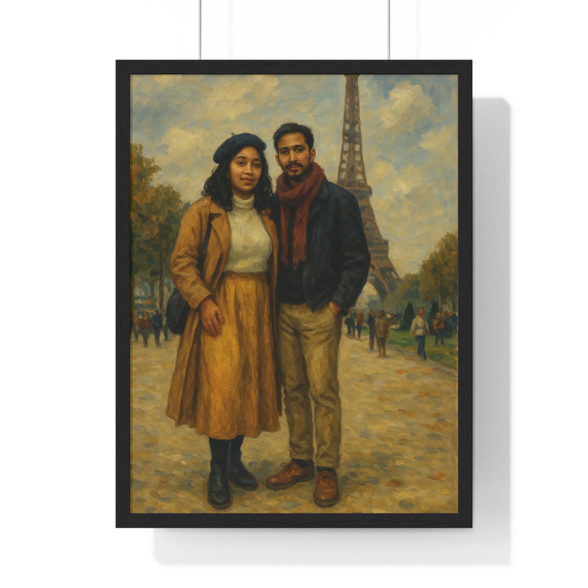 Couple romantique devant la Tour Eiffel dans un style de peinture à l'huile classique